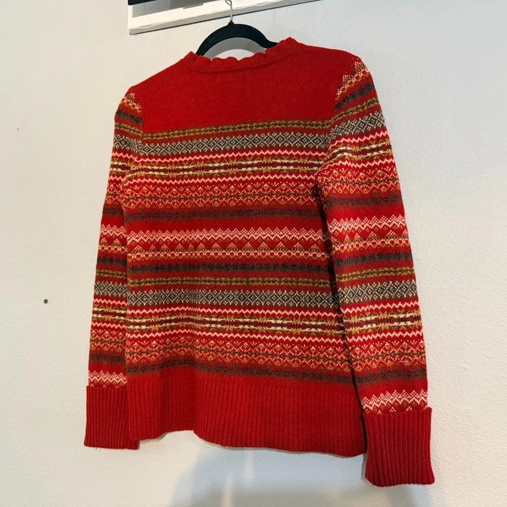 Eddie Bauer Button Front Lambs Wool Cardigan Sweater Size Small Red Fair Isle